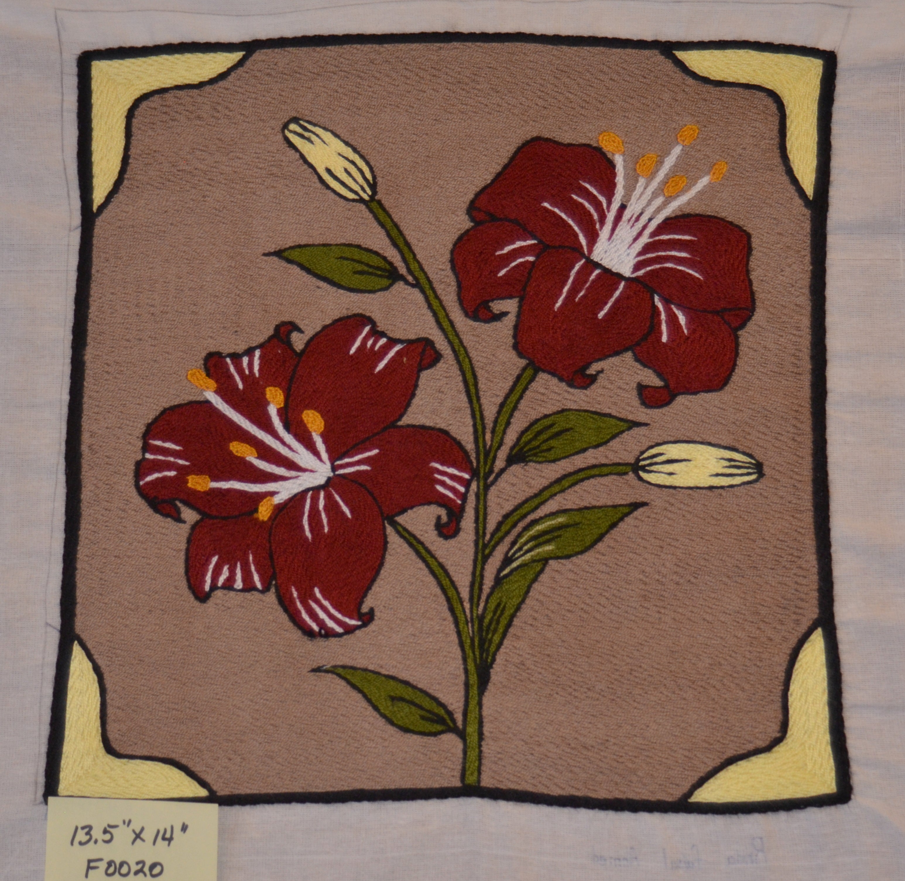 Embroidery "Flats" Maroon Flowers on light brown